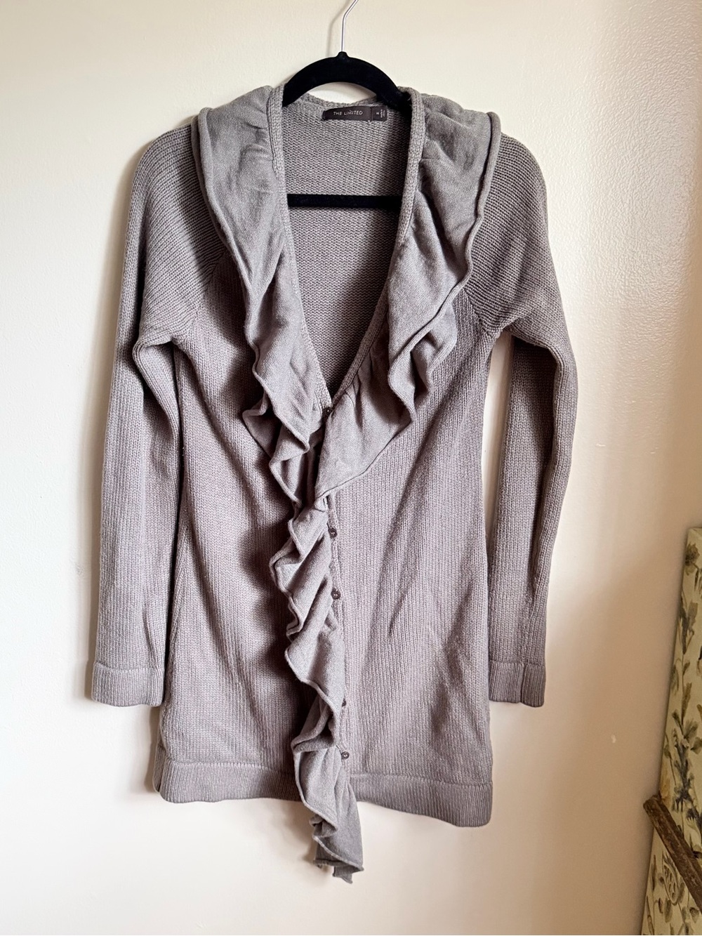 The Limited Muted Brown Ruffle Front Knit Cardigan Cozy Sweater Size M